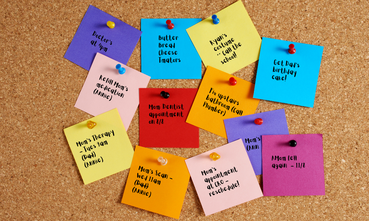 Caregiver's mental load - a cork board with sticky notes