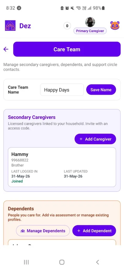 Dez Care Team screen for managing secondary caregivers, dependents, and support circle contacts