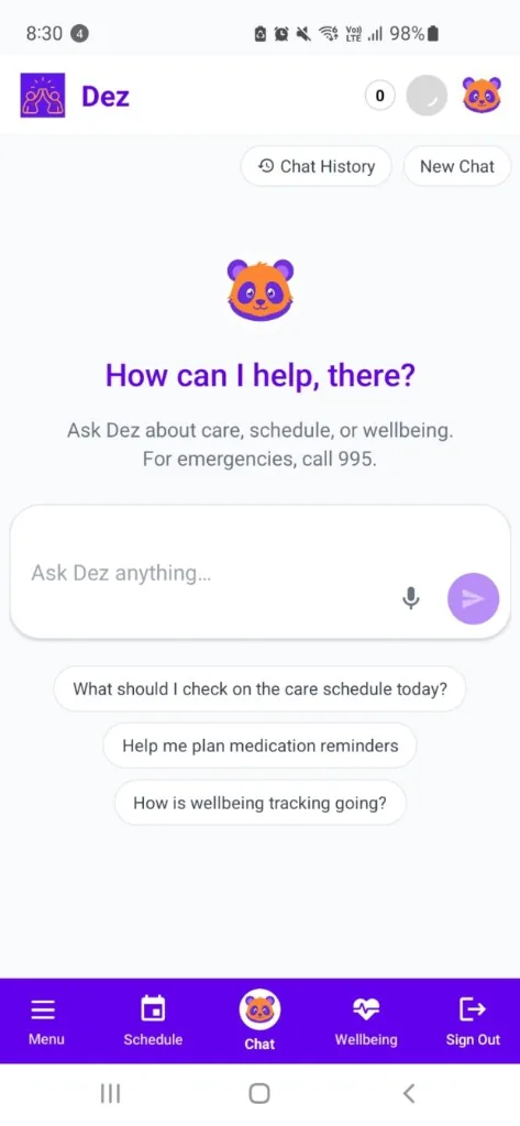 Dez Chat, an AI care companion with suggested prompts