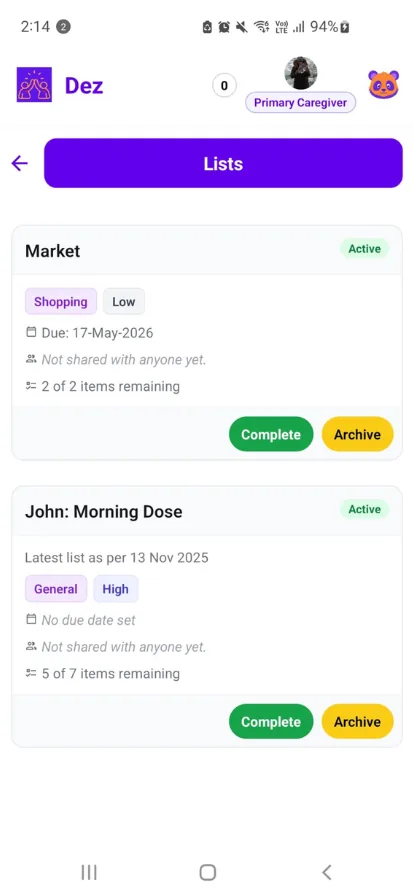 Dez Lists screen showing shopping and medication dose lists with priorities and due dates