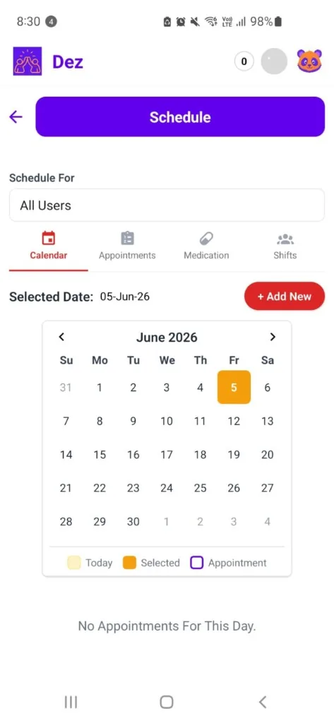 Dez schedule with calendar, appointments, and medication tabs