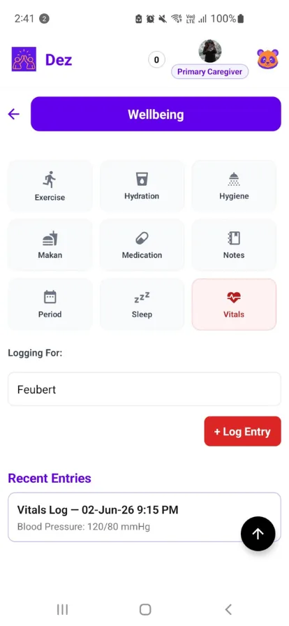 Dez Wellbeing screen with exercise, hydration, medication, sleep, vitals, and recent log entries